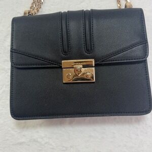 Charles Keith Black Textured Shoulder Bag Gold Chain Flap Turn Lock
